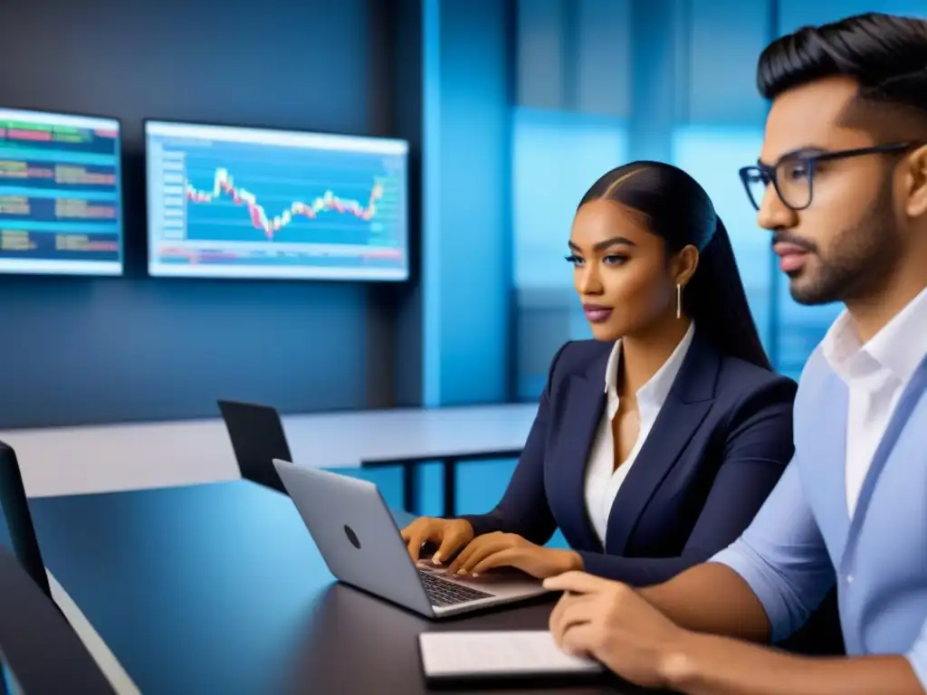 Jóvenes en simulación bursátil: educación financiera 8k Grupo diverso de jóvenes inmersos en juego de bolsa virtual, en aula moderna con pantallas digitales