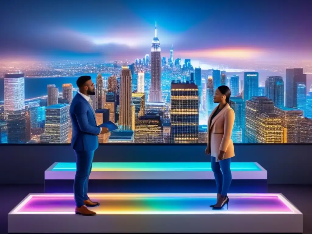 Inversores inmobiliarios novatos aprenden estrategias con holograma Un grupo diverso de jóvenes inversionistas inmobiliarios principiantes se reúnen alrededor de una pantalla holográfica futurista, mostrando estrategias de inversión