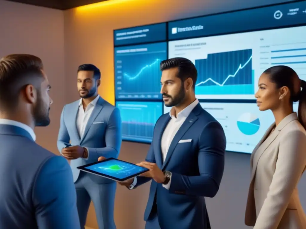 Inversores primerizos aprenden en seminario holográfico Grupo diverso de jóvenes inversores inmobiliarios primerizos en una educación financiera futurista
