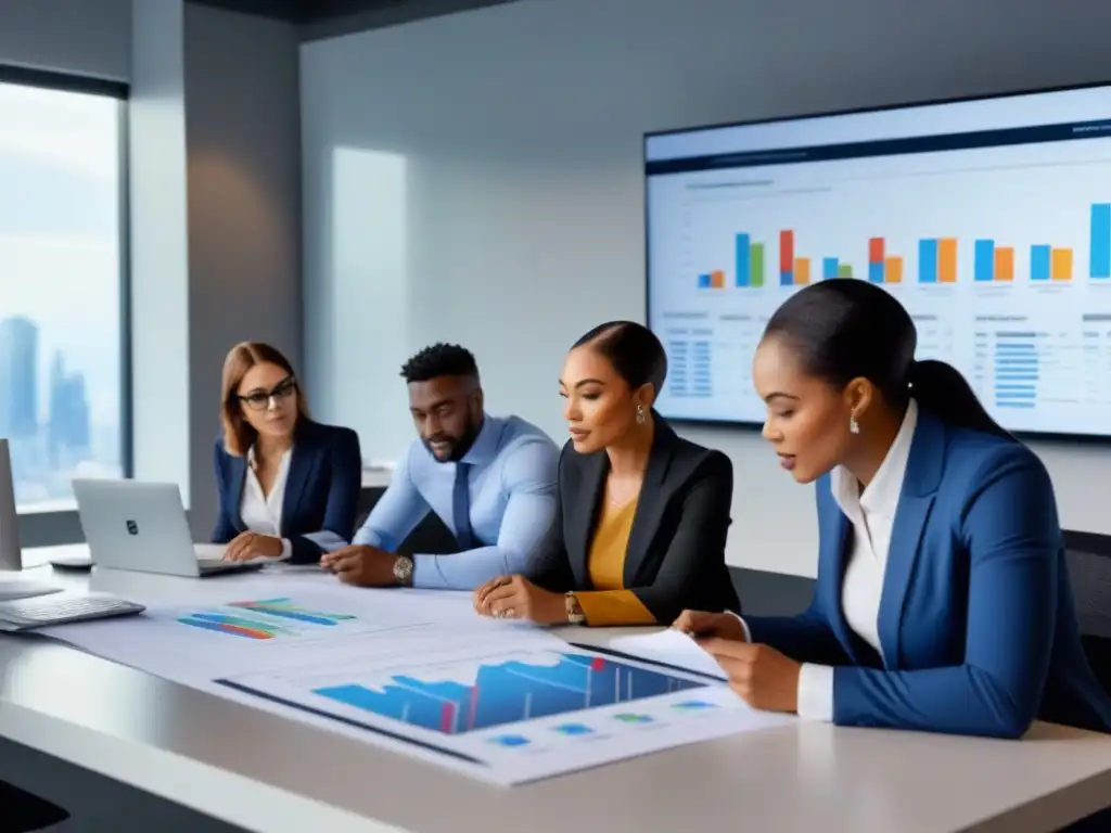 Inversores jóvenes analizan estrategias inmobiliarias innovadoras Un grupo diverso de jóvenes inversores estudian detenidamente planos y discuten estrategias de inversión inmobiliaria en una oficina moderna y elegante, bañada en luz natural