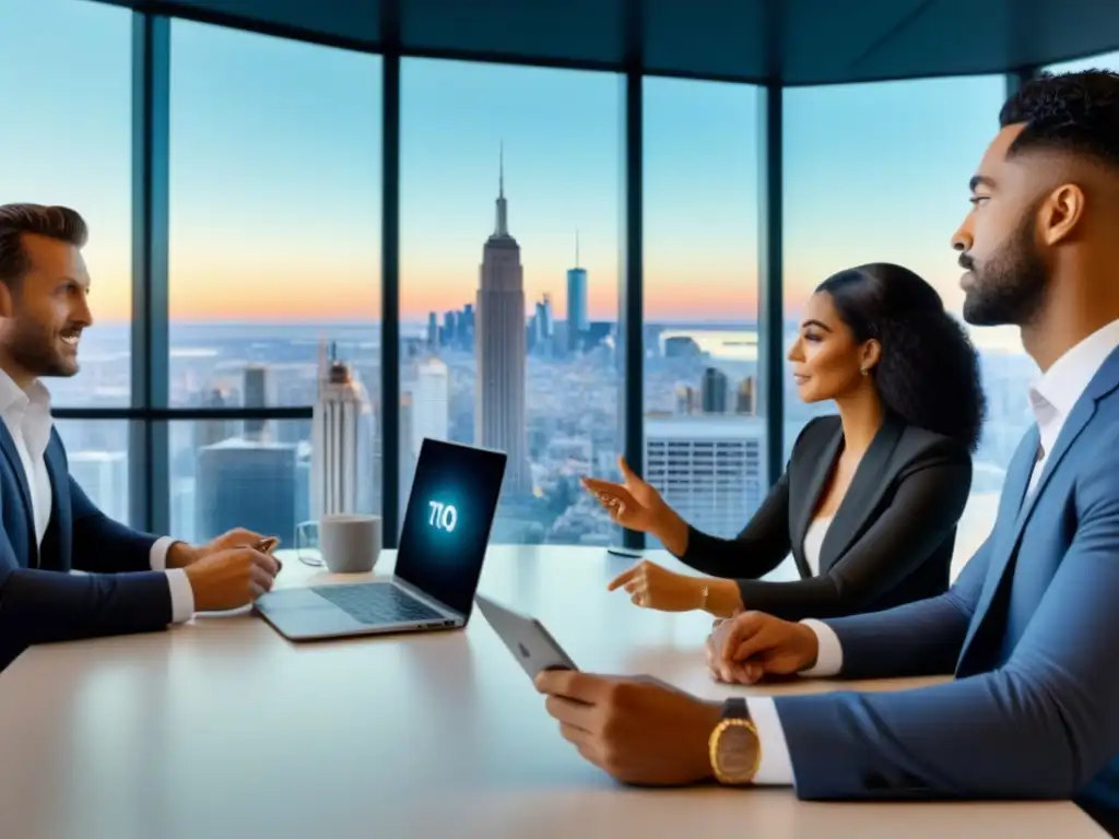 Profesionales entusiastas debatiendo estrategias de inversión inmobiliaria en oficina moderna Un grupo diverso de jóvenes profesionales discuten estrategias de inversión inmobiliaria en una oficina moderna con vista a la ciudad