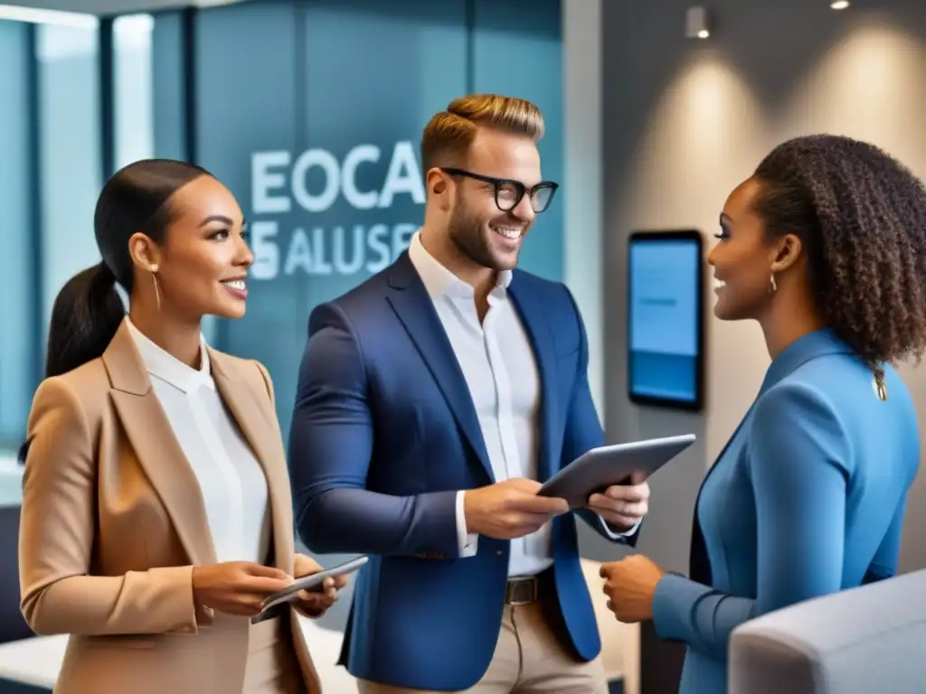 Profesionales jóvenes analizan inversiones inmobiliarias en oficina moderna Un grupo diverso de jóvenes profesionales discute estrategias de crowdfunding inmobiliario en una oficina moderna y elegante