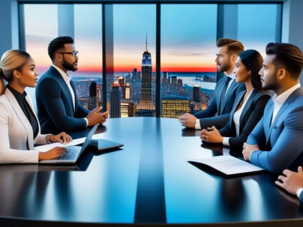 Profesionales debaten estrategias de inversión inmobiliaria en moderno boardroom Grupo diverso de jóvenes profesionales debatiendo estrategias de inversión en REITs comerciales en moderna sala de juntas al atardecer