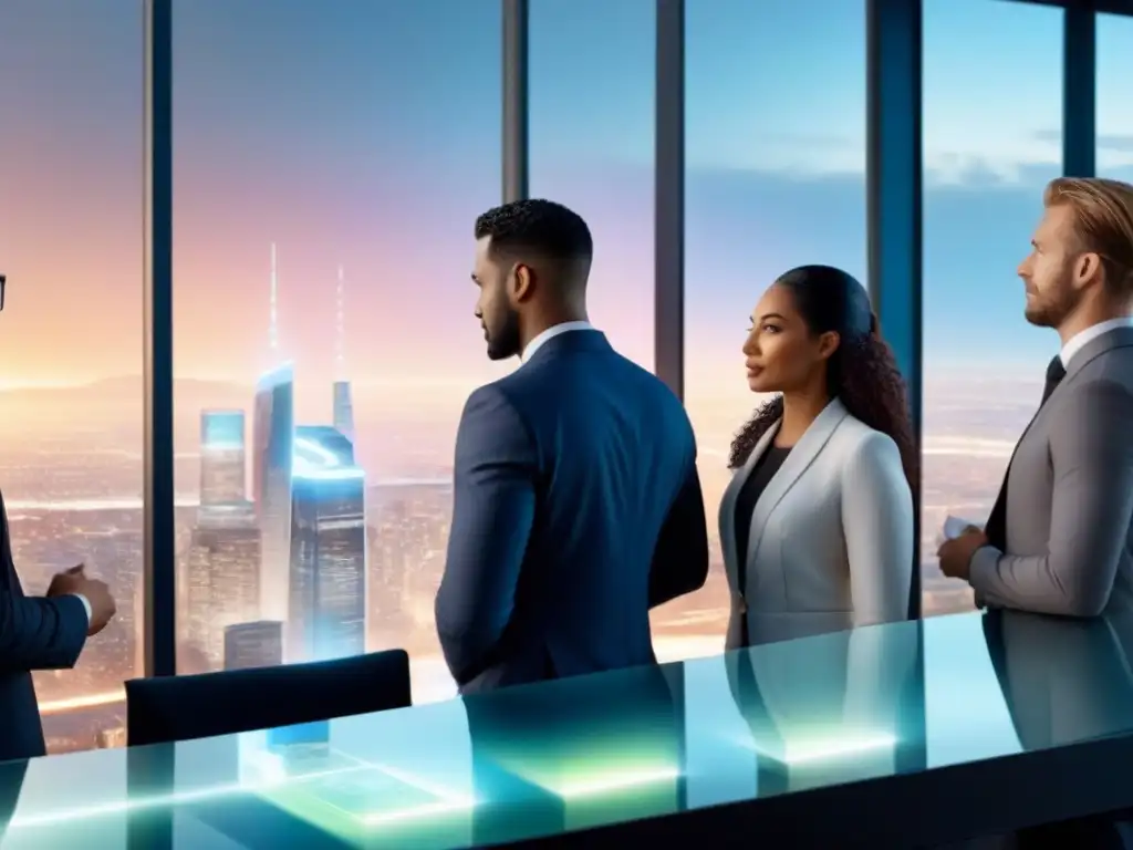 Jóvenes inversores analizan mercado inmobiliario en oficina futurista Grupo diverso de jóvenes profesionales discutiendo estrategias de riesgos inversores principiantes en mercado inmobiliario