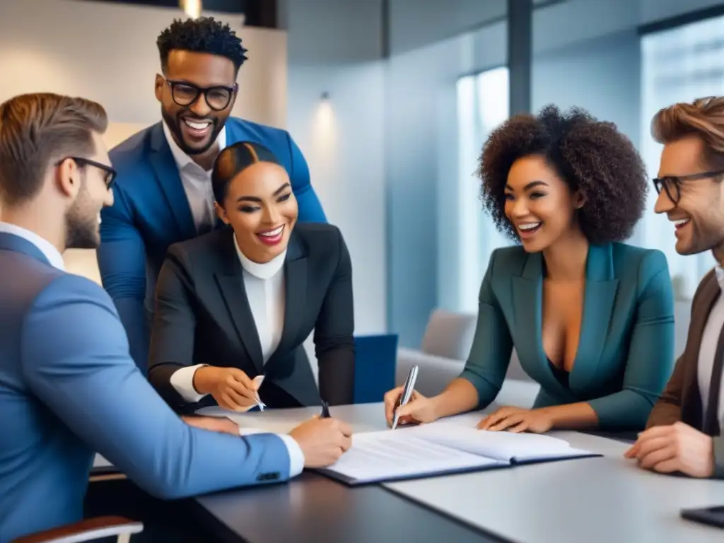 Profesionales diversos aplican para FHA en oficina moderna Grupo diverso de jóvenes profesionales discutiendo documentos en una oficina moderna, solicitando Préstamos FHA para primera vivienda