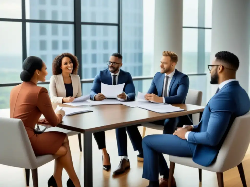Jóvenes profesionales discutiendo documentos financieros en sala moderna Grupo diverso de jóvenes profesionales discutiendo documentos financieros en una sala moderna y luminosa