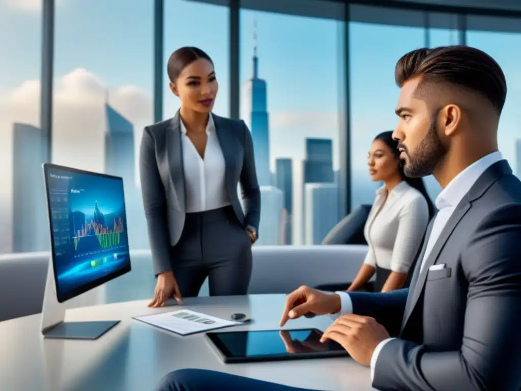 Profesionales analizando ofertas de préstamos inmobiliarios en escenario futurista Grupo diverso de jóvenes profesionales analizando ofertas préstamos inmobiliarios primeros compradores en oficina futurista luminosa