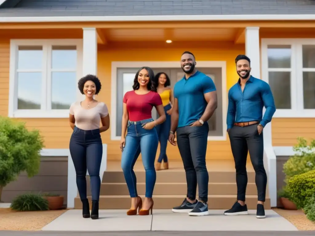 Jóvenes felices frente a casa comprada: beneficios de FHA Un grupo diverso de jóvenes sonrientes de distintas etnias y géneros frente a una casa contemporánea recién adquirida