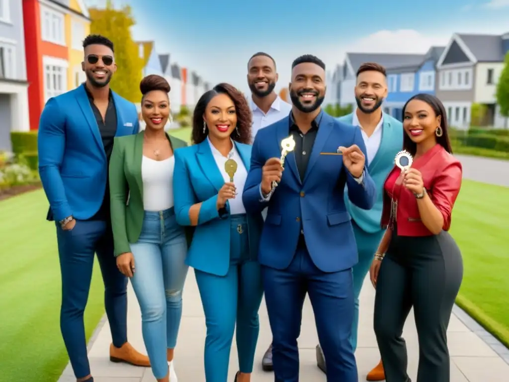 Grupo diverso celebra con llaves sus nuevos hogares Grupo diverso de minorías felices y seguras con llaves de sus nuevos hogares frente a modernos townhouses