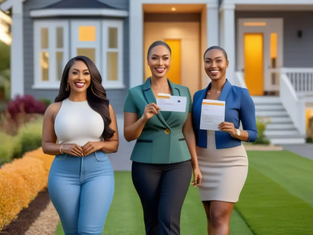 Oportunidades de hogar para minorías: diversidad y esperanza en suburbia Grupo diverso de minorías felices frente a casas modernas con jardines, simbolizando programas financiamiento inmobiliario minorías