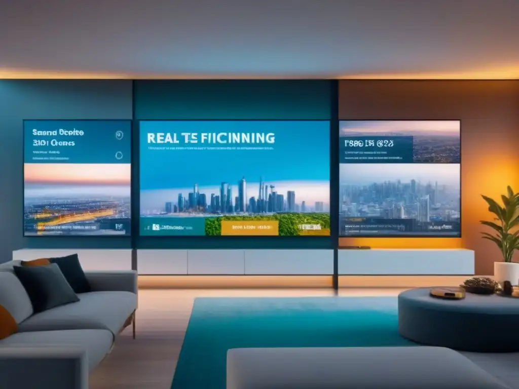 Opciones financieras inmobiliarias para minorías en un entorno futurista y diverso Un grupo diverso de minorías rodea una interfaz digital futurista con opciones de financiamiento inmobiliario