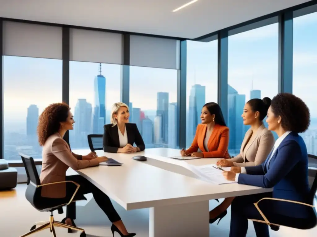 Empresarias diversidad reunión estratégica en oficina moderna Un grupo diverso de mujeres emprendedoras discuten estrategias de acceso crédito inmobiliario en una oficina contemporánea