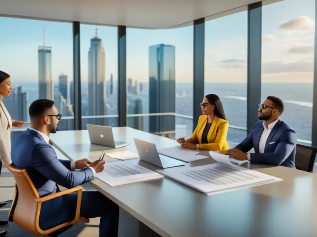 Intensa reunión profesional en sala moderna de abogados y arquitectos Grupo diverso discute normativa local en reunión inmobiliaria con pasión y profesionalismo