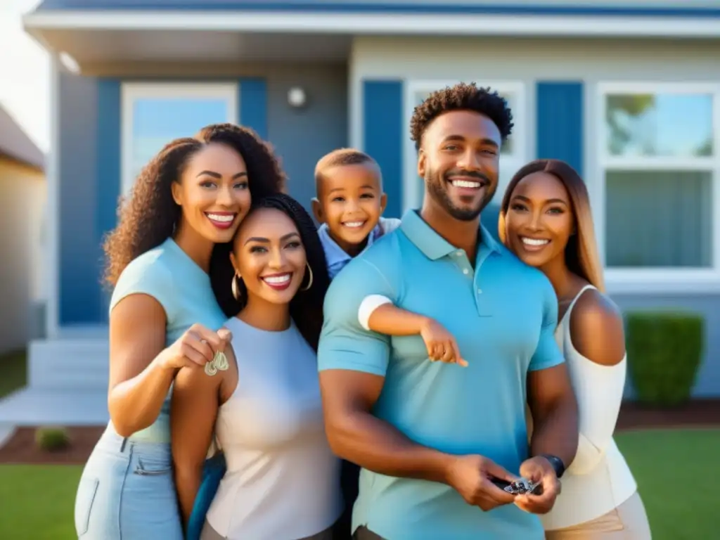 Comunidad feliz adquiere hogar con préstamos FHA Un grupo diverso sonríe frente a su nueva casa, iluminados por el sol