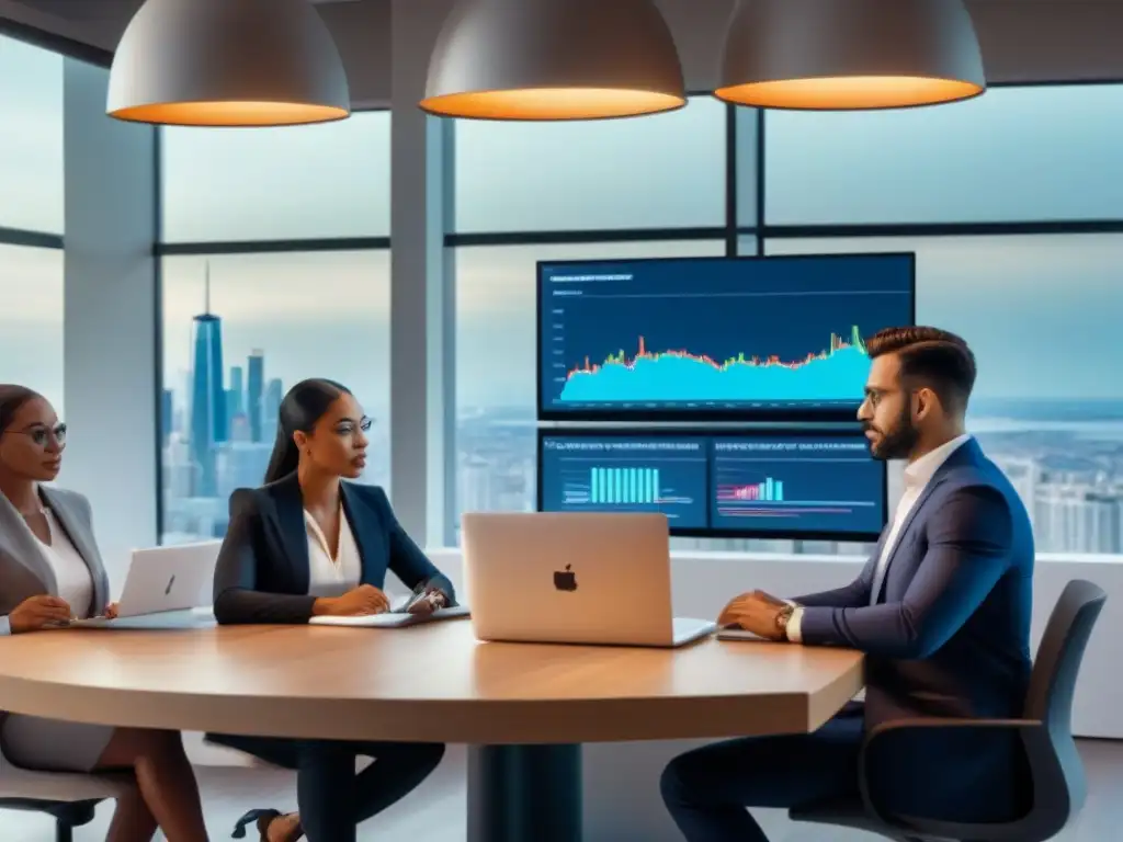 Inversionistas analizan mercado inmobiliario en coworking de lujo Un grupo diverso de nuevos inversores estudia mercados inmobiliarios regionales accesibles en moderno espacio de coworking con vista a la ciudad