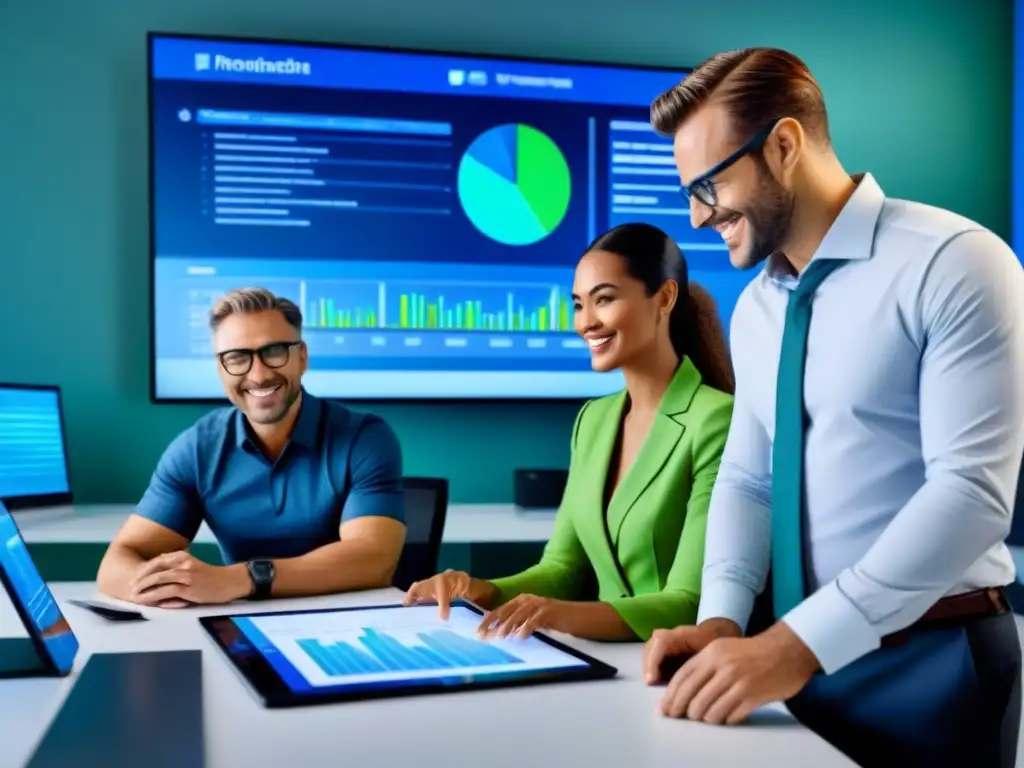 Un grupo diverso sonriendo en una oficina futurista, discutiendo documentos financieros con gadgets de alta tecnología y gráficos