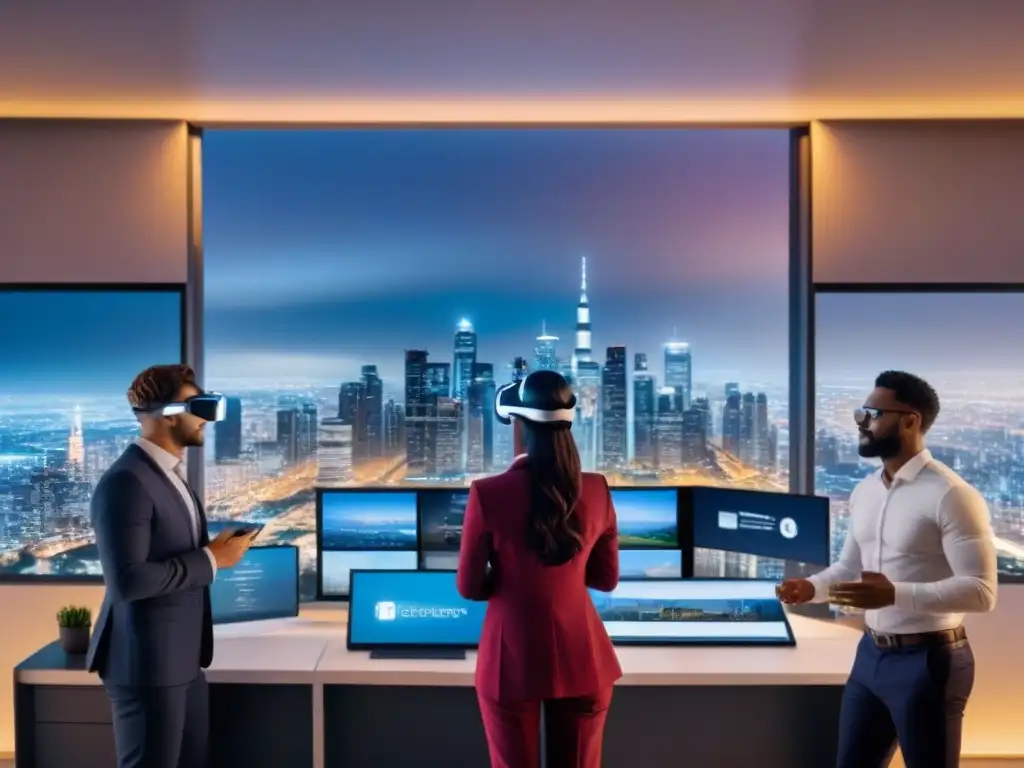 Interfaz futurista: diversidad en bienes raíces Un grupo diverso en una oficina futurista con tecnología avanzada para Acceso igualitario financiamiento inmobiliario