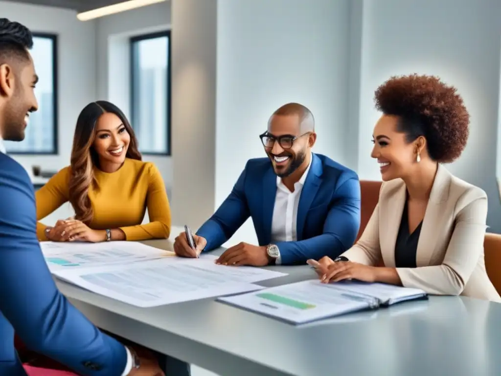 Equipo multicultural exitoso en reunión profesional Un grupo diverso sonríe mientras colabora en una oficina moderna, discutiendo documentos financieros y generando ideas para el futuro juntos