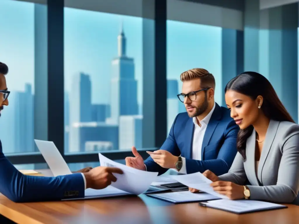 Reunión de planificación financiera en oficina moderna Grupo diverso discute opciones financieras en moderna oficina; Préstamo FHA combinado ayuda financiera