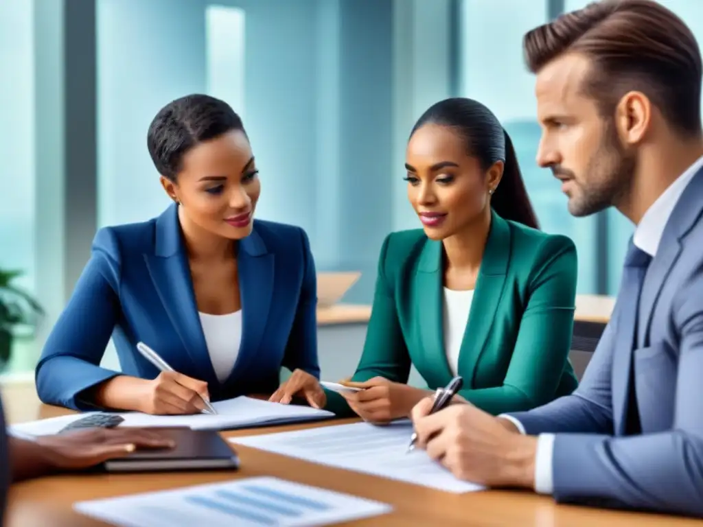 Consejos financieros: diversidad y colaboración en una oficina moderna Grupo diverso discutiendo opciones de moratoria préstamos inmobiliarios en oficina moderna y luminosa