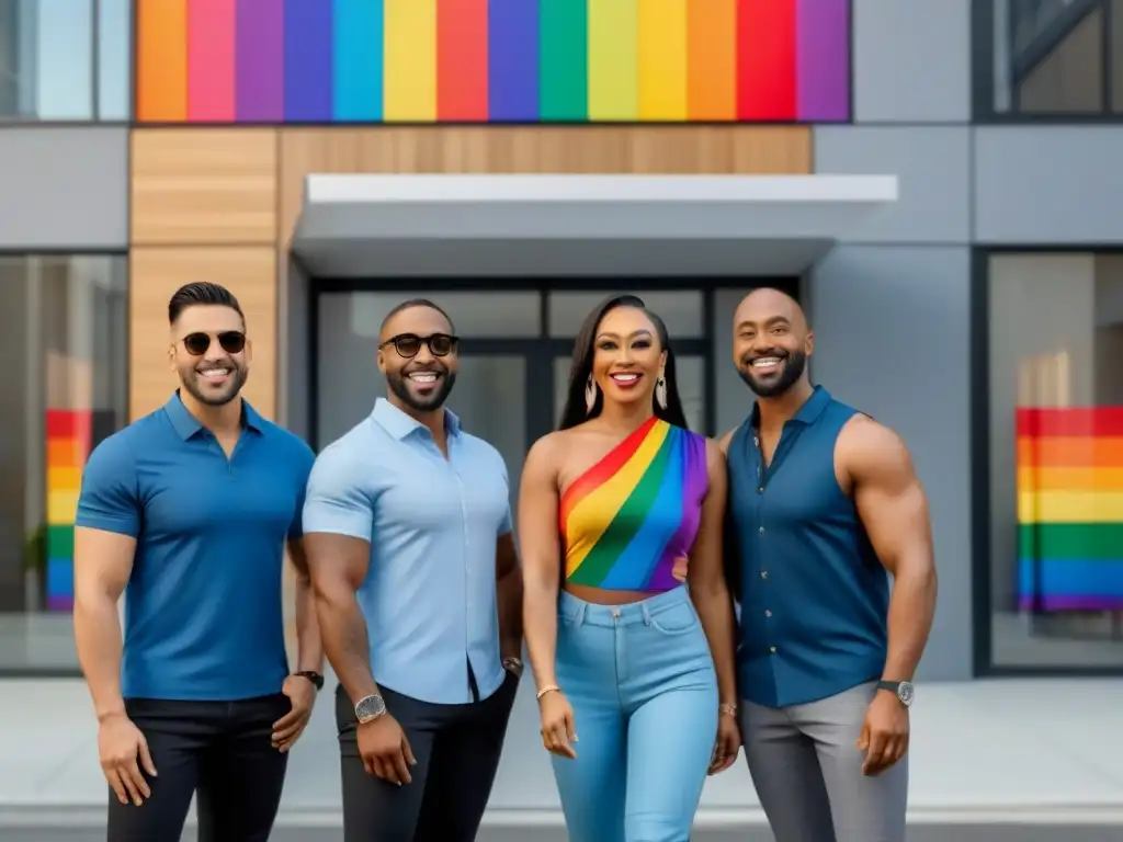 Oficina inmobiliaria inclusiva: grupo diverso LGBTQ+ empoderado Un grupo diverso de LGBTQ+ discute oportunidades de financiamiento inmobiliario en una oficina moderna e inclusiva