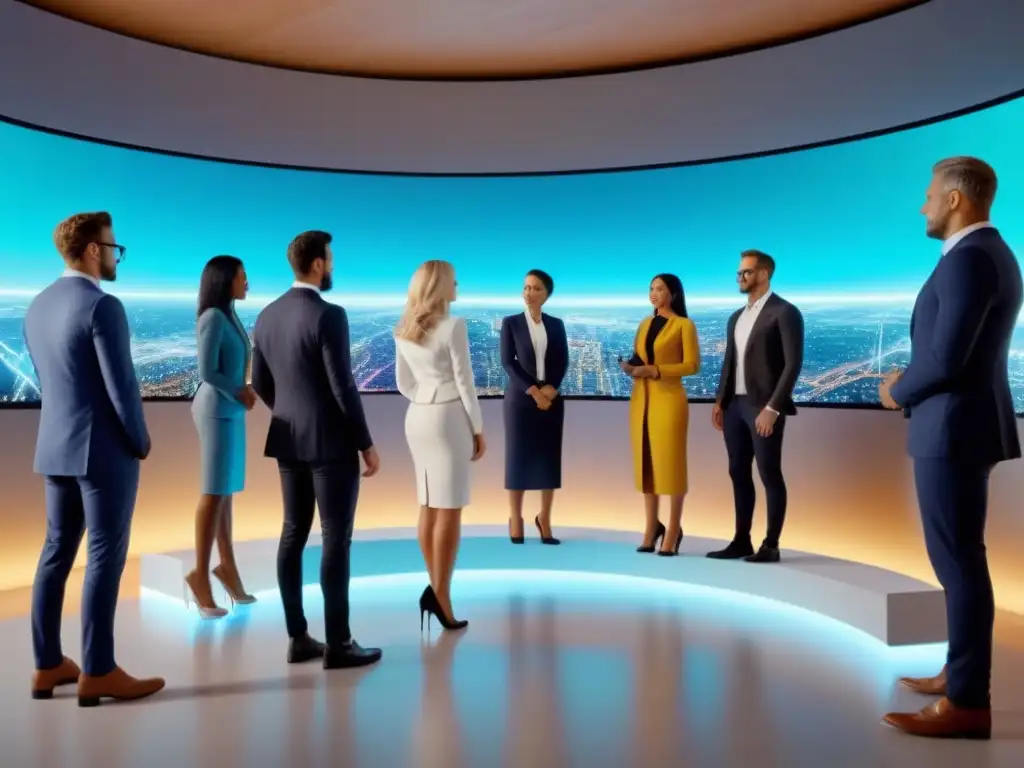 Inversores entusiastas exploran oportunidades inmobiliarias innovadoras en la oficina del futuro Un grupo diverso de pequeños inversores entusiastas rodea una pantalla holográfica futurista en una oficina tecnológica