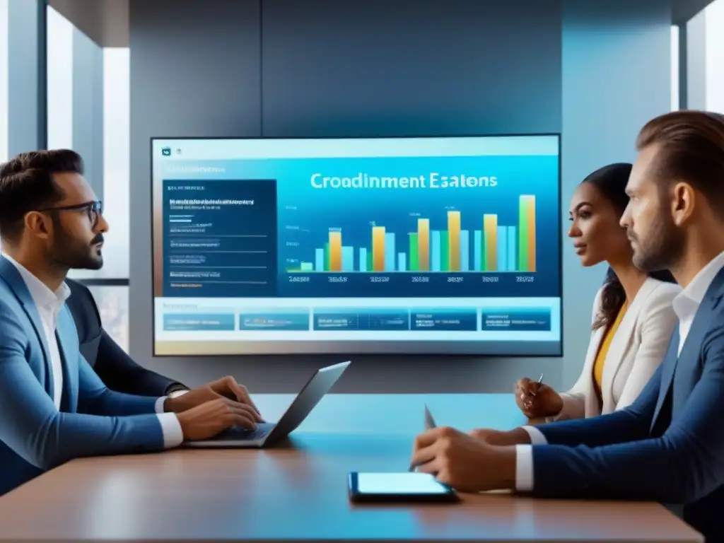 Inversores analizan datos de crowdfunding inmobiliario en sala futurista Un grupo diverso de pequeños inversores se reúne en una sala futurista, analizando datos sobre financiamiento inmobiliario para pequeños inversores