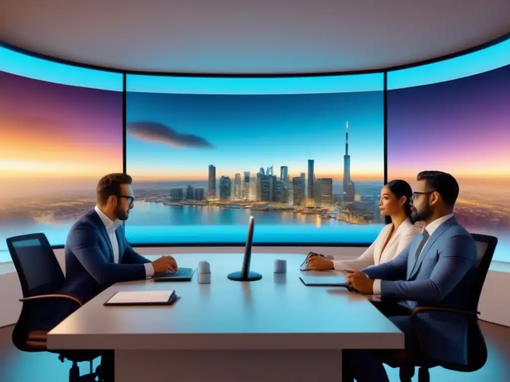 Inversores colaborando con tecnología financiera en oficina moderna Un grupo diverso de pequeños inversores en una oficina moderna, analizando datos de inversión inmobiliaria en hologramas