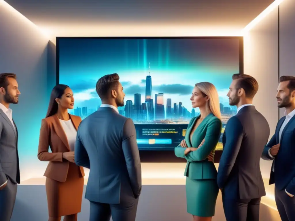 Inversores modernos analizan oportunidades inmobiliarias en holograma Un grupo diverso de pequeños inversores se reúne alrededor de una pantalla holográfica futurista mostrando oportunidades de financiamiento inmobiliario para pequeños inversores