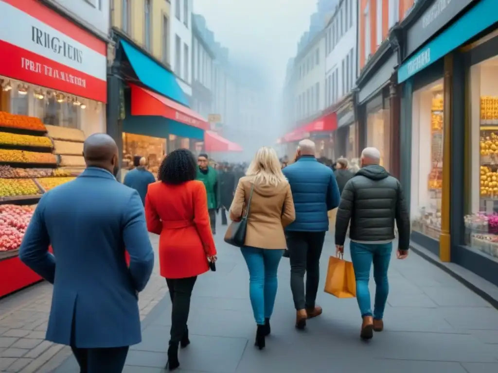 Compras en la ciudad: diversidad y emoción en la calle Grupo diverso de personas comprando en la ciudad, expresando emociones como alegría y emoción