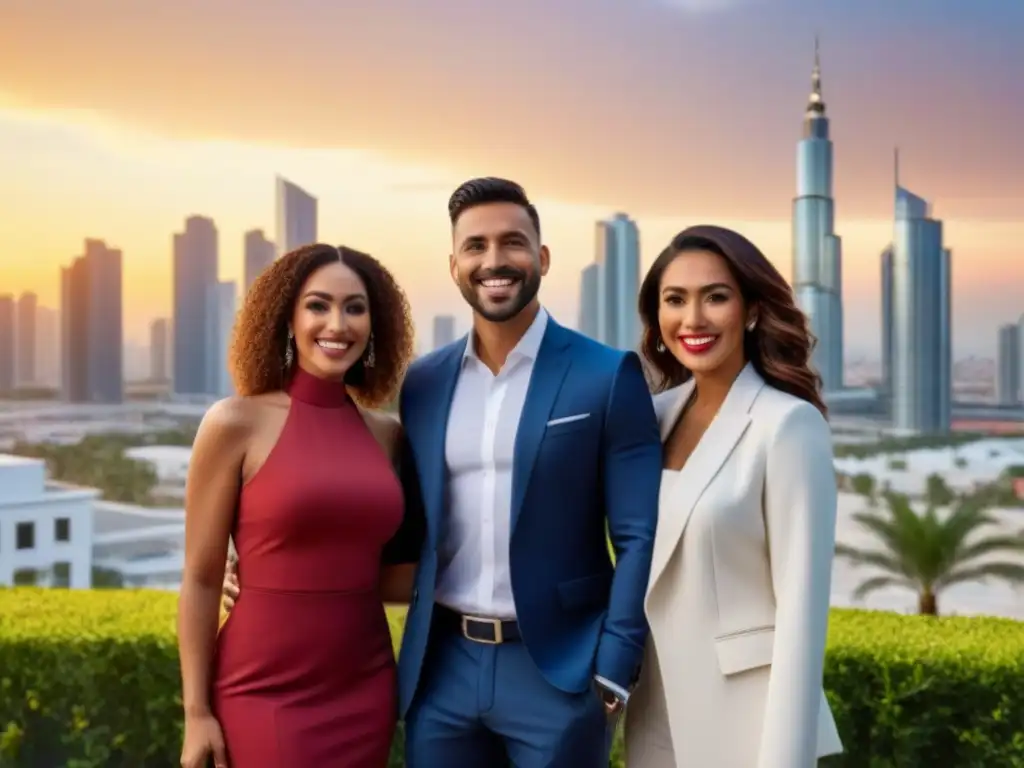 Un grupo diverso de personas sonríe frente a un desarrollo inmobiliario moderno en una ciudad latinoamericana, simbolizando el éxito en el financiamiento inmobiliario en la región