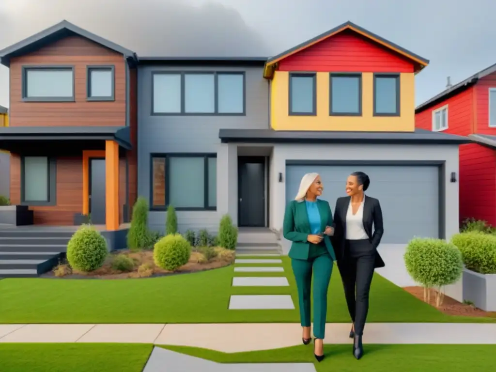 Felices propietarios: diversidad de hogares con crédito FHA Grupo diverso de personas felices frente a sus nuevos hogares, resaltando la versatilidad del Préstamo FHA para financiamiento inmobiliario