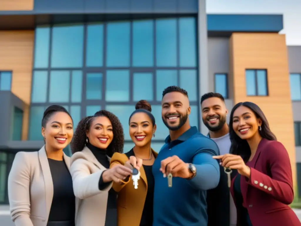 Comunidad diversa y exitosa frente a moderno edificio urbano Grupo diverso de personas felices con llaves, representando financiamiento inmobiliario para minorías en entorno urbano moderno