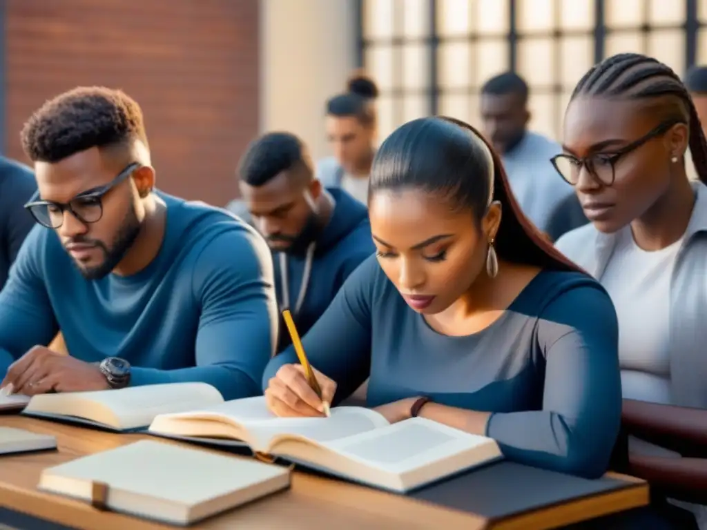 Colaboración educativa: Grupo diverso estudia con pasión Un grupo diverso de personas estudia juntas en un entorno contemporáneo, reflejando colaboración e inclusividad