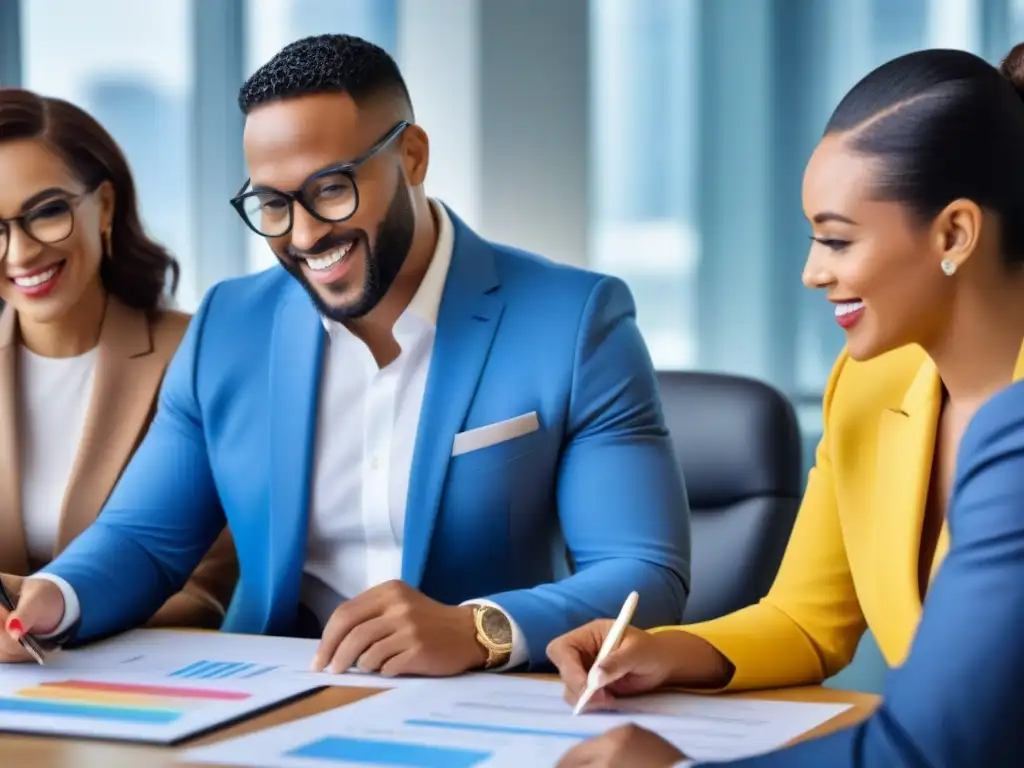 Planificación financiera inclusiva LGBTQ+ en acción Un grupo diverso de personas LGBTQ+ planificando financiamiento inmobiliario para LGBTQ+ en una oficina moderna y luminosa
