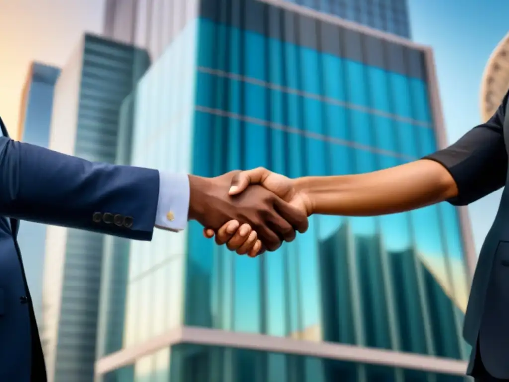 Inversores extranjeros firman acuerdos inmobiliarios internacionales Un grupo diverso de personas se dan la mano frente a un edificio moderno, simbolizando transacciones inmobiliarias internacionales
