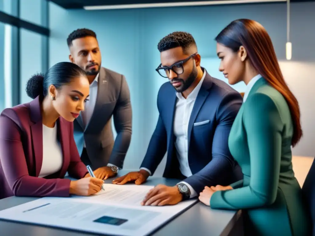 Equipo diverso supera obstáculos financieros en oficina moderna Un grupo diverso de personas colabora en una oficina moderna para lograr acceso equitativo al crédito inmobiliario