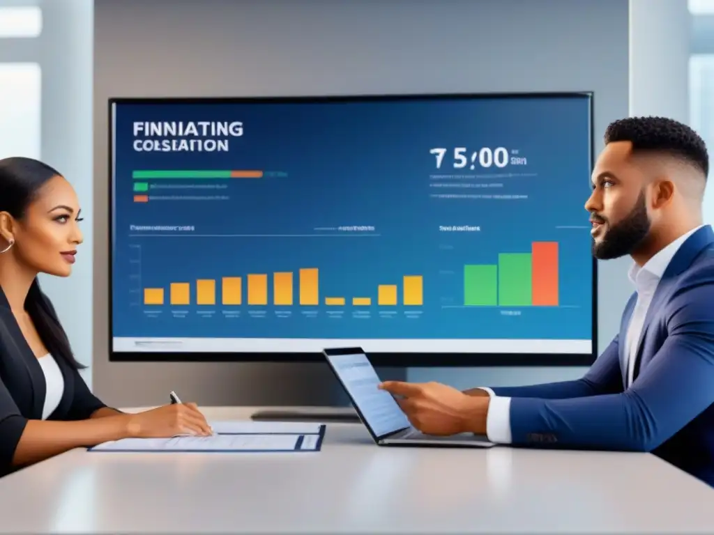 Conversación financiera diversa en oficina contemporánea Un grupo diverso de personas discute opciones de financiamiento inmobiliario para minorías en una oficina contemporánea