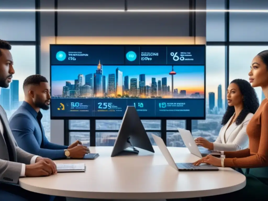Profesionales analizan datos financieros en oficina futurista Un grupo diverso de personas se reúne alrededor de una pantalla digital futurista mostrando tasas de interés y datos del mercado inmobiliario, con expresiones de curiosidad y compromiso, en una oficina contemporánea con vista a la ciudad