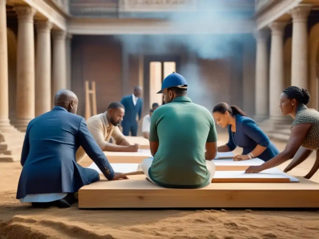 Restauración histórica: equipo diverso preservando legado cultural Un grupo diverso de personas colabora en la preservación del patrimonio cultural de un edificio histórico