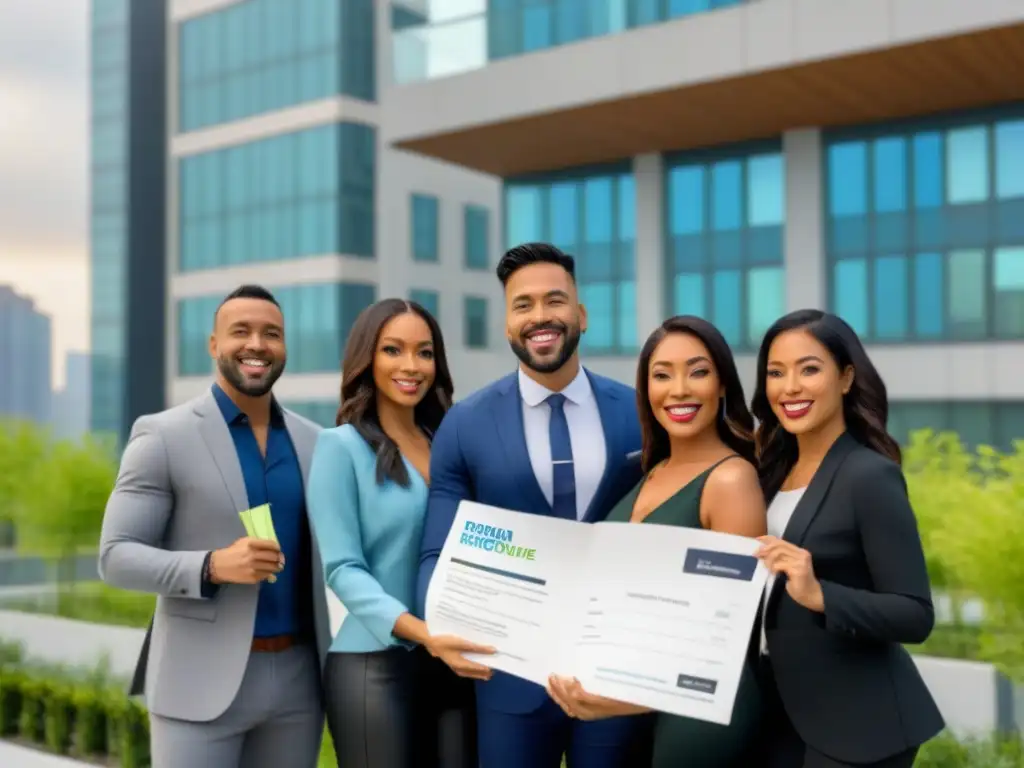 Grupo diverso celebra éxito al comprar edificio moderno en la ciudad Un grupo diverso de personas sonrientes frente a un moderno edificio de apartamentos, simbolizando éxito financiamiento inmobiliario minorías