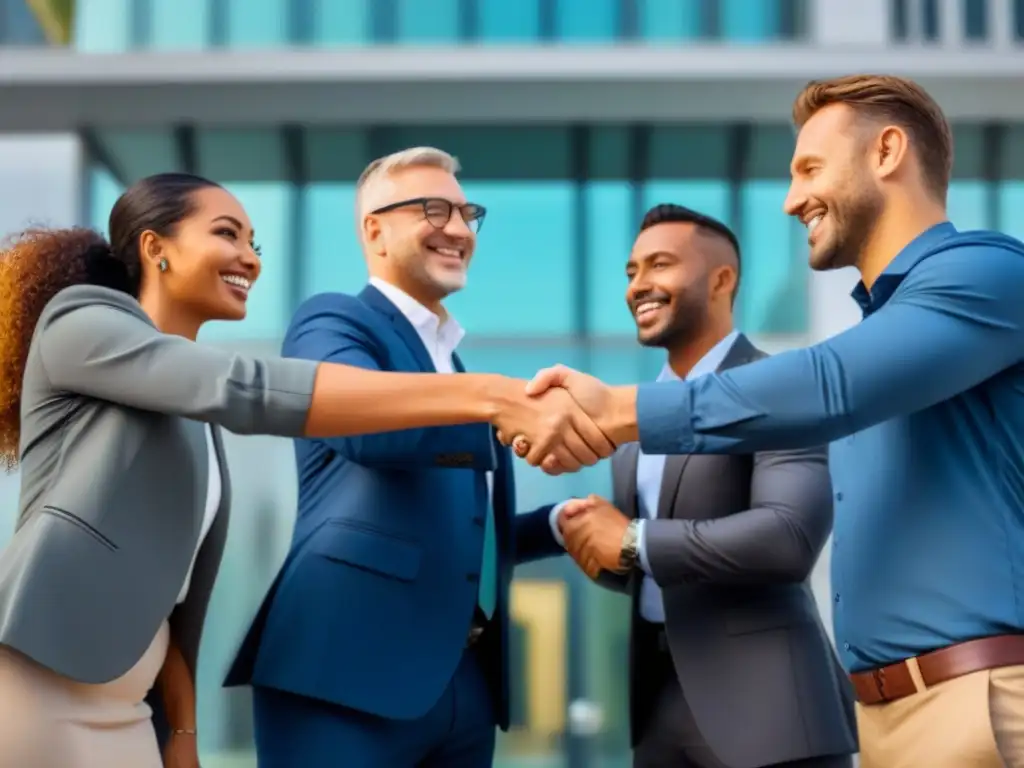 Alianza multicultural en financiamiento inmobiliario Un grupo diverso de personas sonrientes de diferentes orígenes étnicos se dan la mano frente a un edificio moderno, simbolizando la unidad y colaboración en programas de financiamiento inmobiliario para minorías