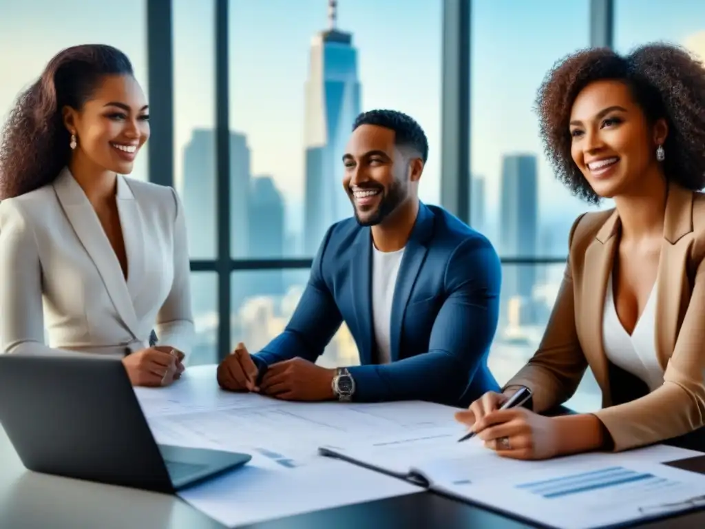 Reunión inclusiva: diversidad en financiamiento inmobiliario Un grupo diverso de personas sonrientes discute opciones de financiamiento inmobiliario en una oficina contemporánea con vista a la ciudad