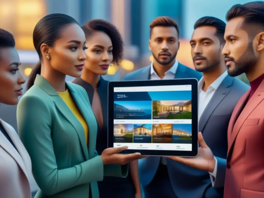 Plataforma financiera futurista para financiamiento inmobiliario Un grupo diverso de personas rodea una tableta digital con plataforma fintech en financiamiento inmobiliario, simbolizando inclusión e innovación