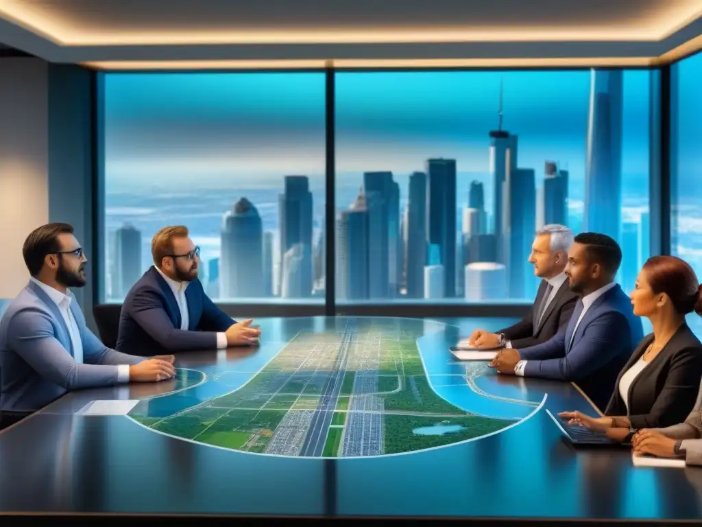 Grupo diverso de planificadores urbanos y funcionarios gubernamentales discutiendo estrategias en una sala de reuniones moderna con vista a la ciudad, enfatizando la colaboración e innovación en políticas financieras inmobiliarias