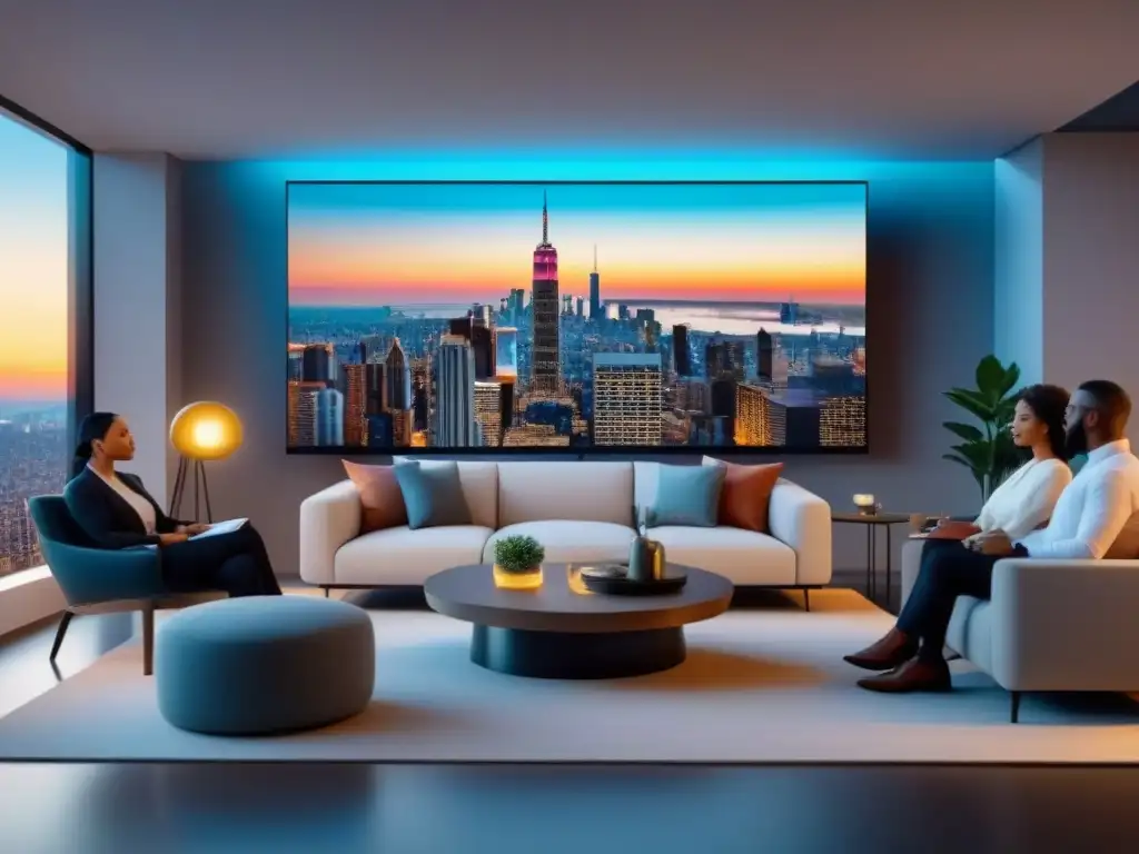 Inversión inmobiliaria futurista: análisis en grupo Grupo diverso analiza políticas habitacionales inversión largo plazo en sala futurista con skyline urbano al atardecer