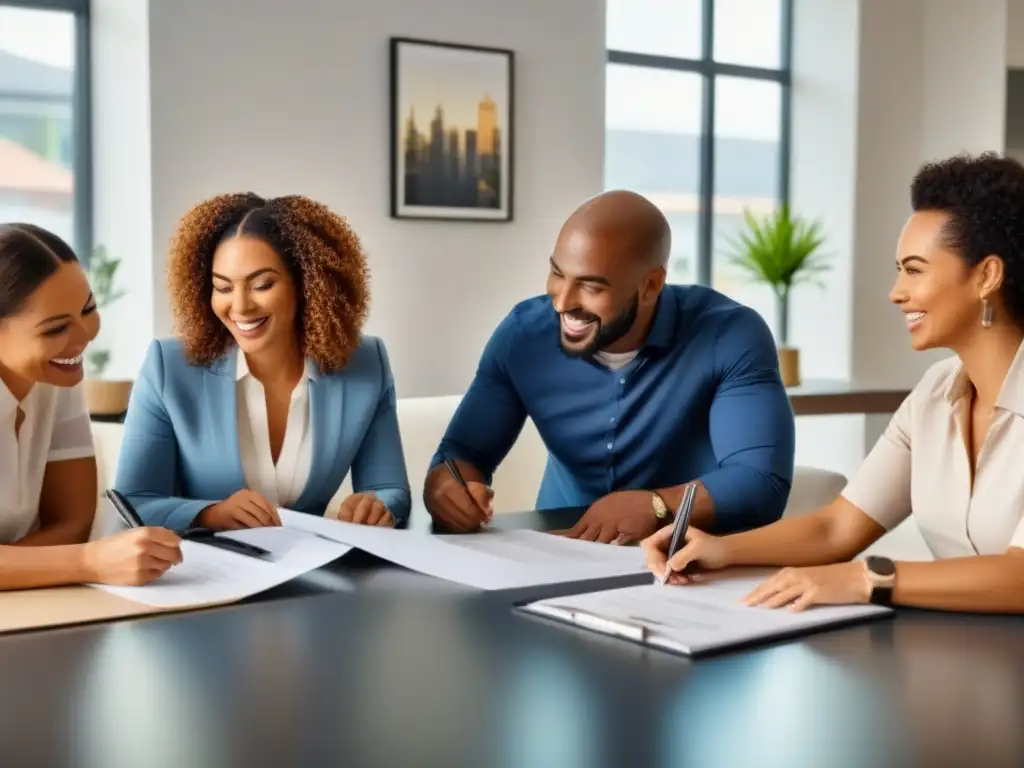 Familias felices comprando casa con agente inmobiliario Grupo diverso de primeros compradores de vivienda sonrientes revisando documentos con agente inmobiliario en oficina moderna