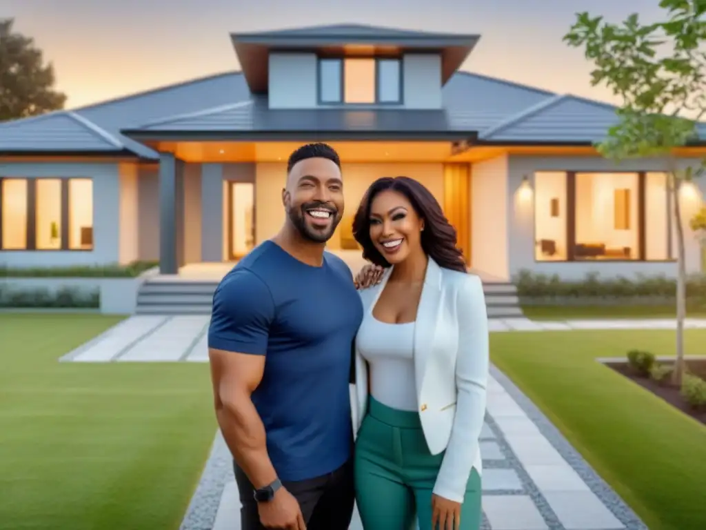 Grupo diverso de primeros compradores de casa felices en su nuevo hogar Un grupo diverso de primeros compradores de vivienda frente a una casa moderna, radiando alegría y logro