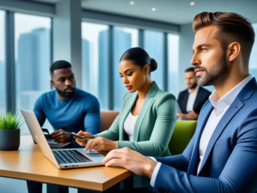 Inversores principiantes aprenden sobre REIT en espacio coworking Un grupo diverso de principiantes en inversión en REITs, colaborando y aprendiendo en un coworking moderno y luminoso