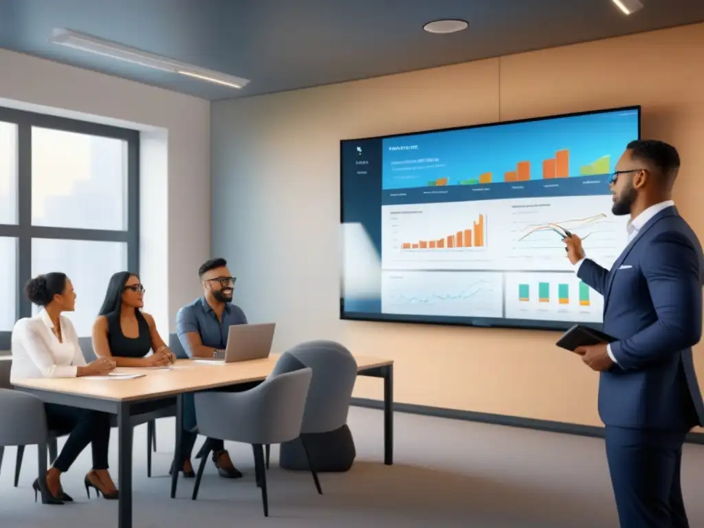 Clase de finanzas inmobiliarias: aprendizaje diverso en aula moderna Un grupo diverso de principiantes participa en un curso de financiamiento inmobiliario en un aula moderna y luminosa